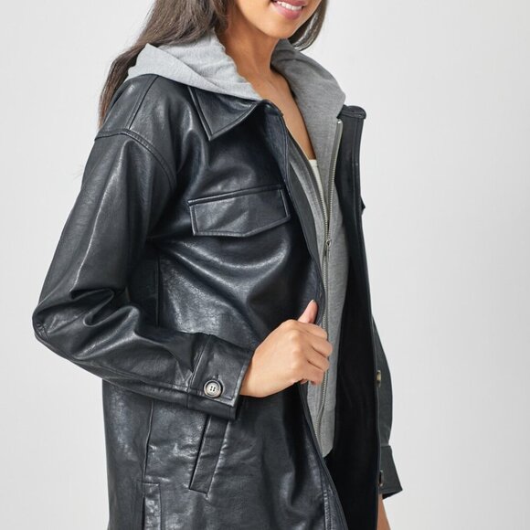 MYSTREE TWOFER HOODIE FAUX LEATHER JACKET - Picture 4 of 8